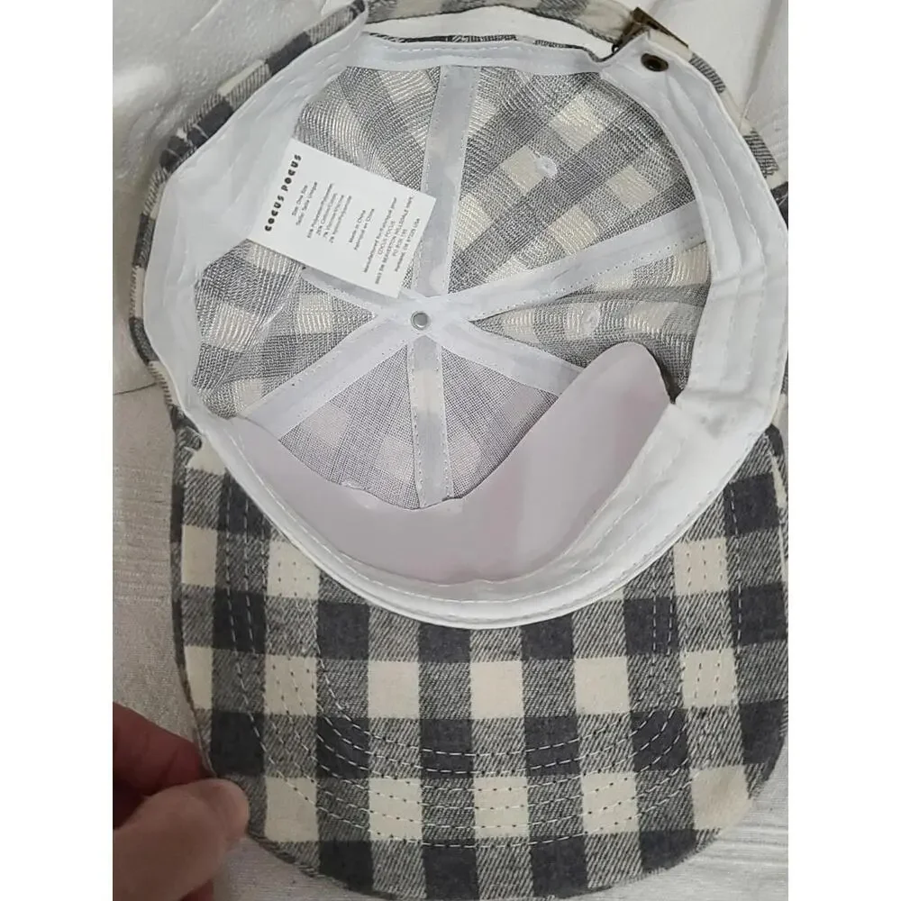 Cocus Pocus Baseball Cap Hat Womens Gray/Cream‎ Plaid Adjusts Cotton Blend NWOT